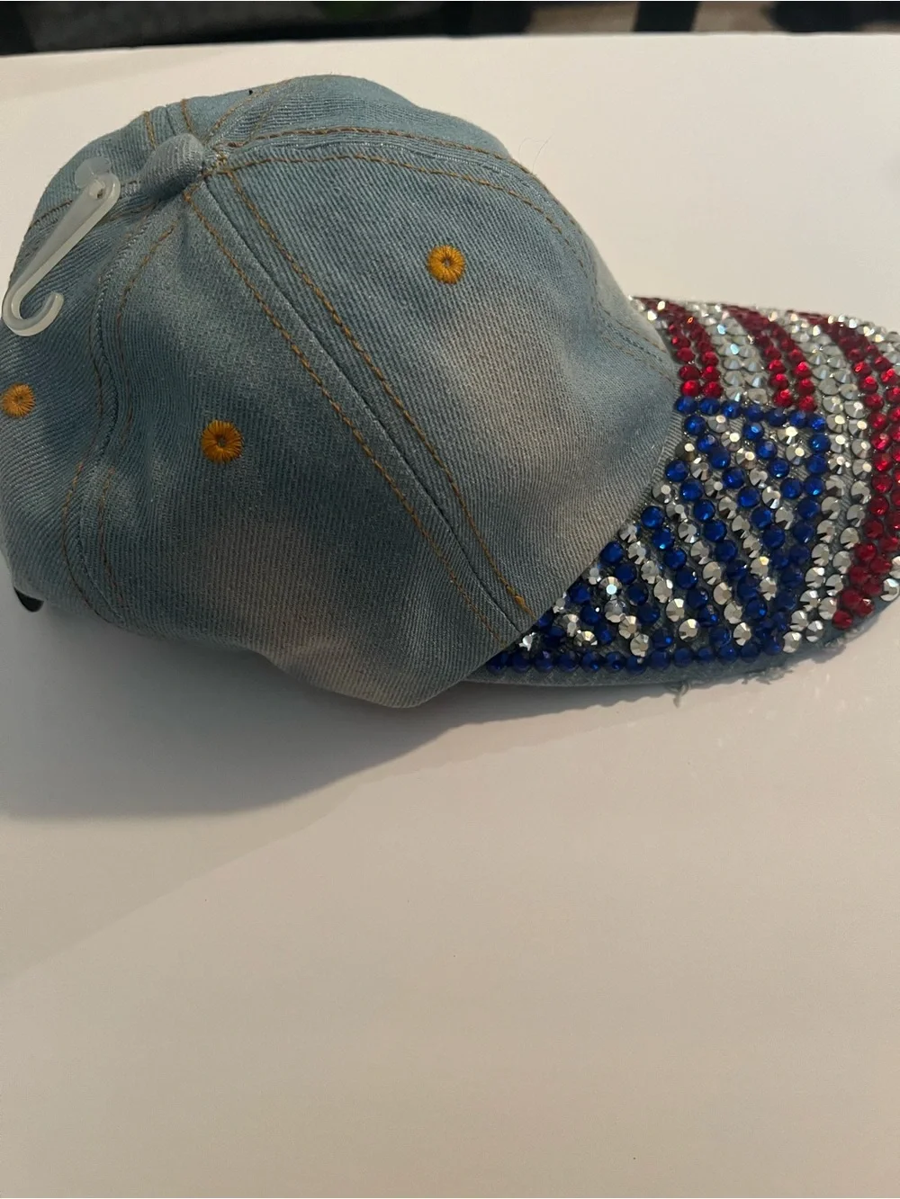 Jewel Studded US Flag Baseball Cap Bling Rhinestone USA Jean Distressed Hat